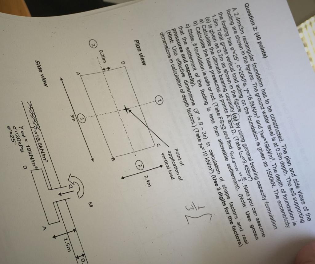 Question 2 40 Points A 2 4mx3m Rectangular Foundation Has To Be Constructed The Plan And Side Views Of The Footing A 1