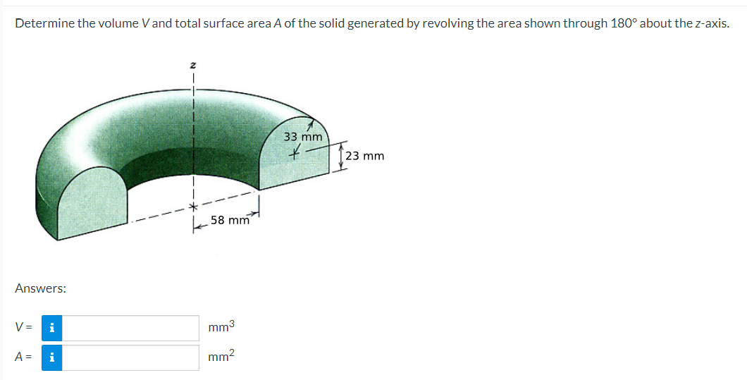 Determine The Volume V And Total Surface Area A Of The Solid Generated By Revolving The Area Shown Through 180 About Th 1