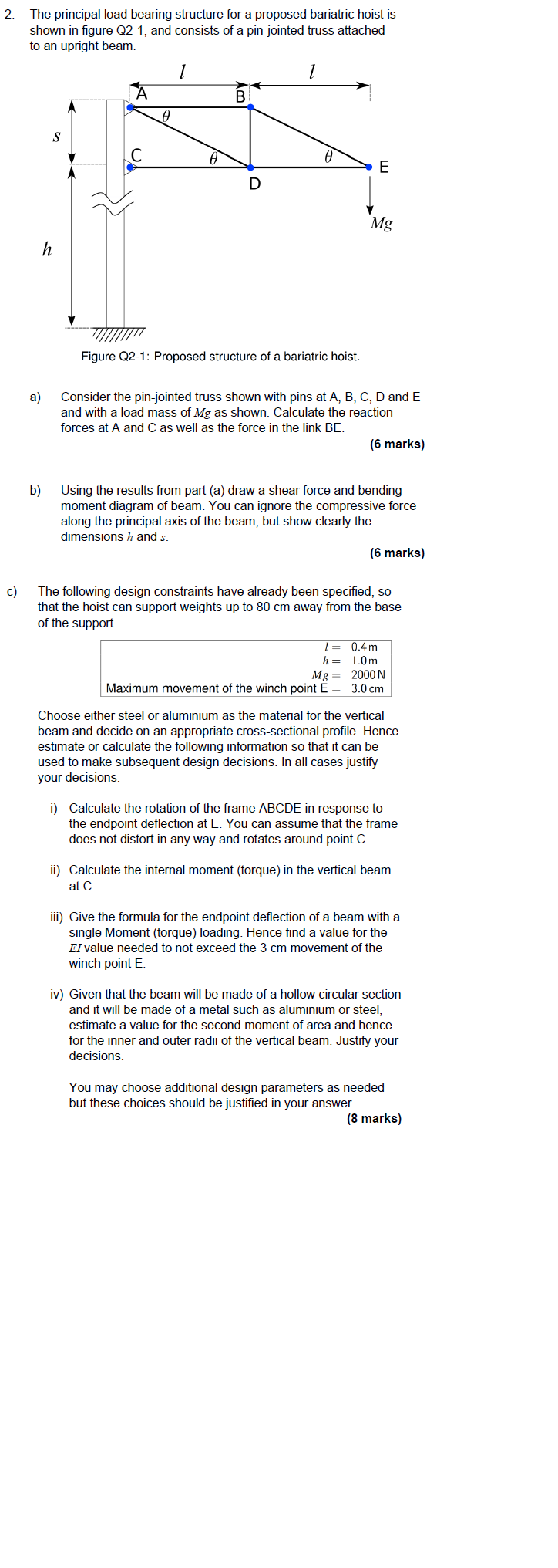 2 The Principal Load Bearing Structure For A Proposed Bariatric Hoist Is Shown In Figure Q2 1 And Consists Of A Pin Jo 1