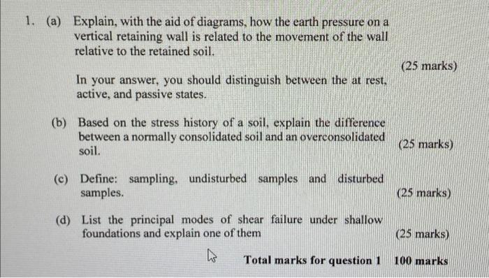 1 A Explain With The Aid Of Diagrams How The Earth Pressure On A Vertical Retaining Wall Is Related To The Movement 1