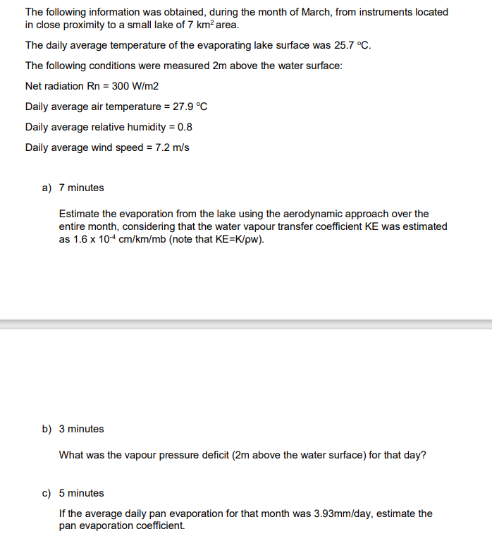 The Following Information Was Obtained During The Month Of March From Instruments Located In Close Proximity To A Smal 1