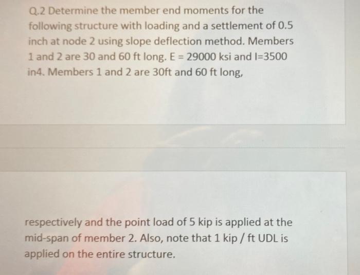 Q 2 Determine The Member End Moments For The Following Structure With Loading And A Settlement Of 0 5 Inch At Node 2 Usi 1