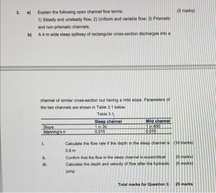 5 Marks 3 A Explain The Following Open Channel Flow Terms 1 Steady And Unsteady Flow 2 Uniform And Variable Flow 3