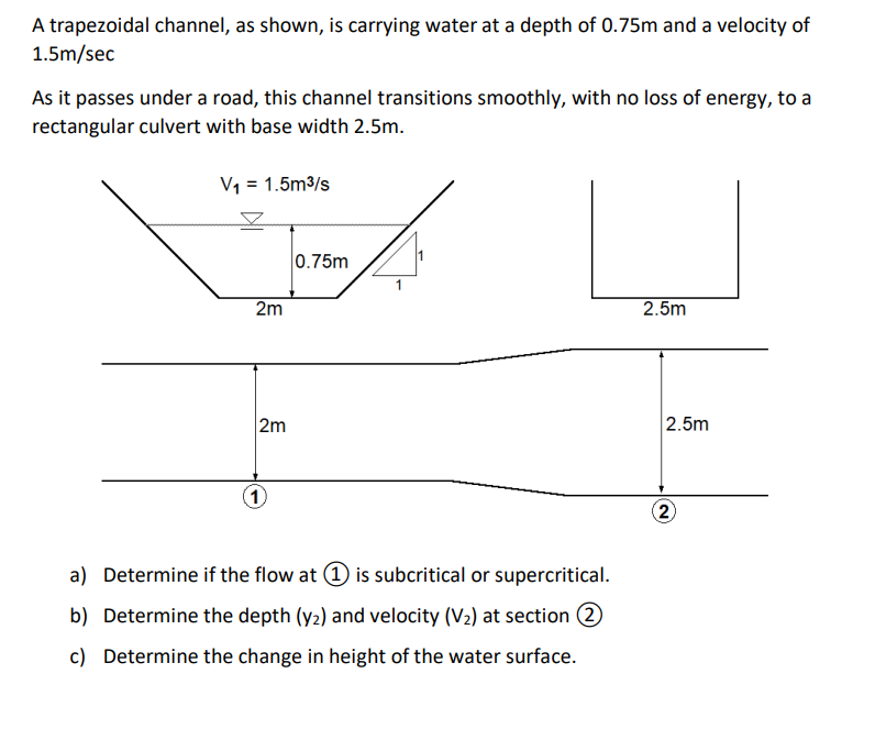 A Trapezoidal Channel As Shown Is Carrying Water At A Depth Of 0 75m And A Velocity Of 1 5m Sec As It Passes Under A R 1