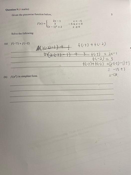 Question 9 4 Marks Given The Piecewise Function Below F X 2x 1 3 X 1 2 5 55x X 20 Solve The Following A 1