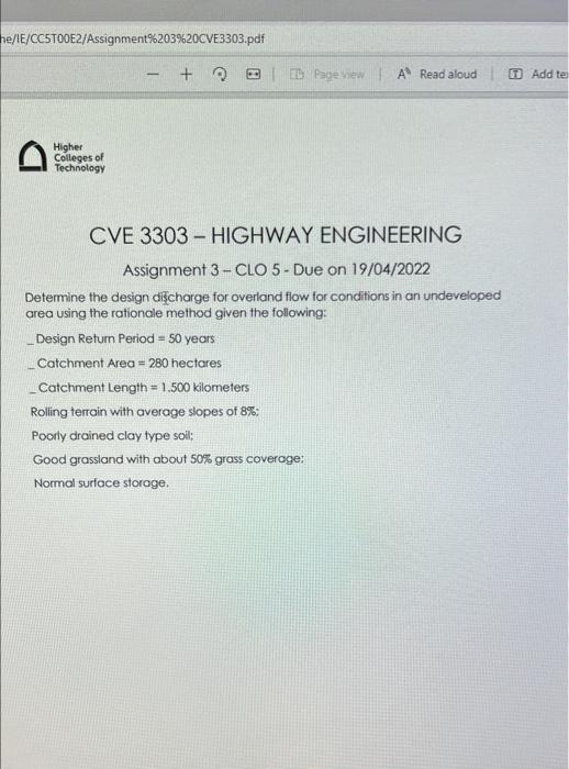 He 1e Cc5t00e2 Assignment 203 20cve3303 Pdf Page View A Read Aloud 0 Add Te Higher Colleges Of Technology Cve 3303 1