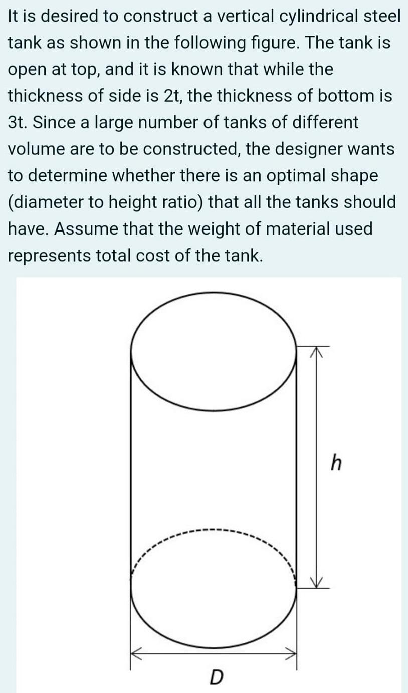 It Is Desired To Construct A Vertical Cylindrical Steel Tank As Shown In The Following Figure The Tank Is Open At Top 1