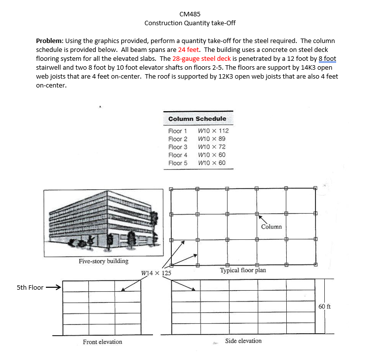 Cm485 Construction Quantity Take Off Problem Using The Graphics Provided Perform A Quantity Take Off For The Steel Req 1
