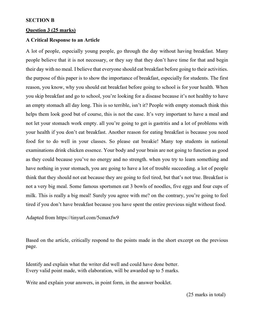 Section B Question 3 25 Marks A Critical Response To An Article A A Lot Of People Especially Young People Go Through 1