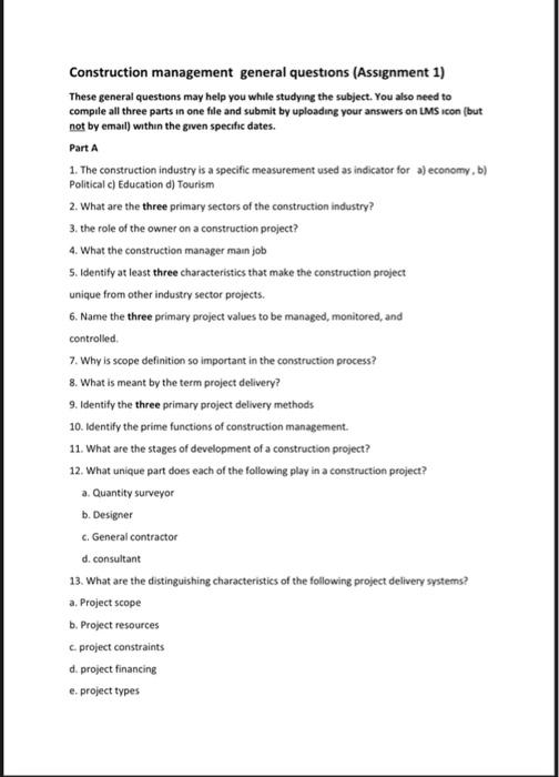 Construction Management General Questions Assignment 1 These General Questions May Help You While Studying The Subject 1