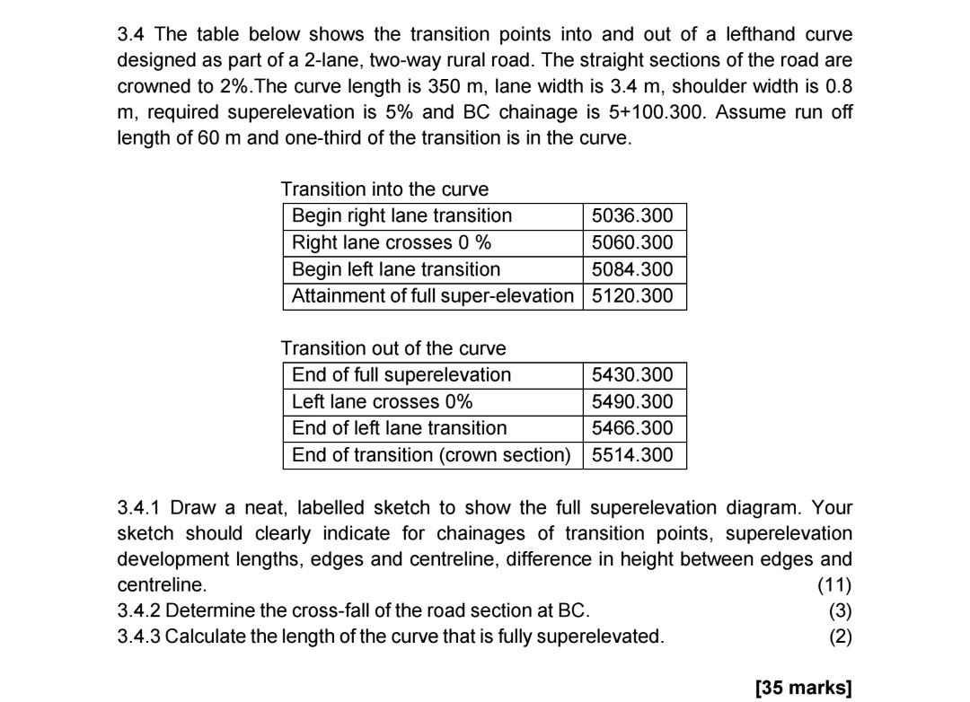 3 4 The Table Below Shows The Transition Points Into And Out Of A Lefthand Curve Designed As Part Of A 2 Lane Two Way R 1