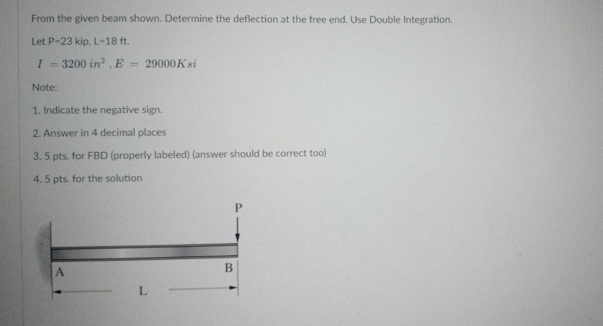 From The Given Beam Shown Determine The Deflection At The Free End Use Double Integration Let P 23 Kip L 18 Ft 1 32 1