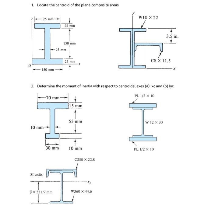 1 Locate The Centroid Of The Plane Composite Areas 125 Mm W10 X 22 25 Mm 3 5 In 150 Mm 25 Mm 25 Mm C8 X 11 5 O 150 1