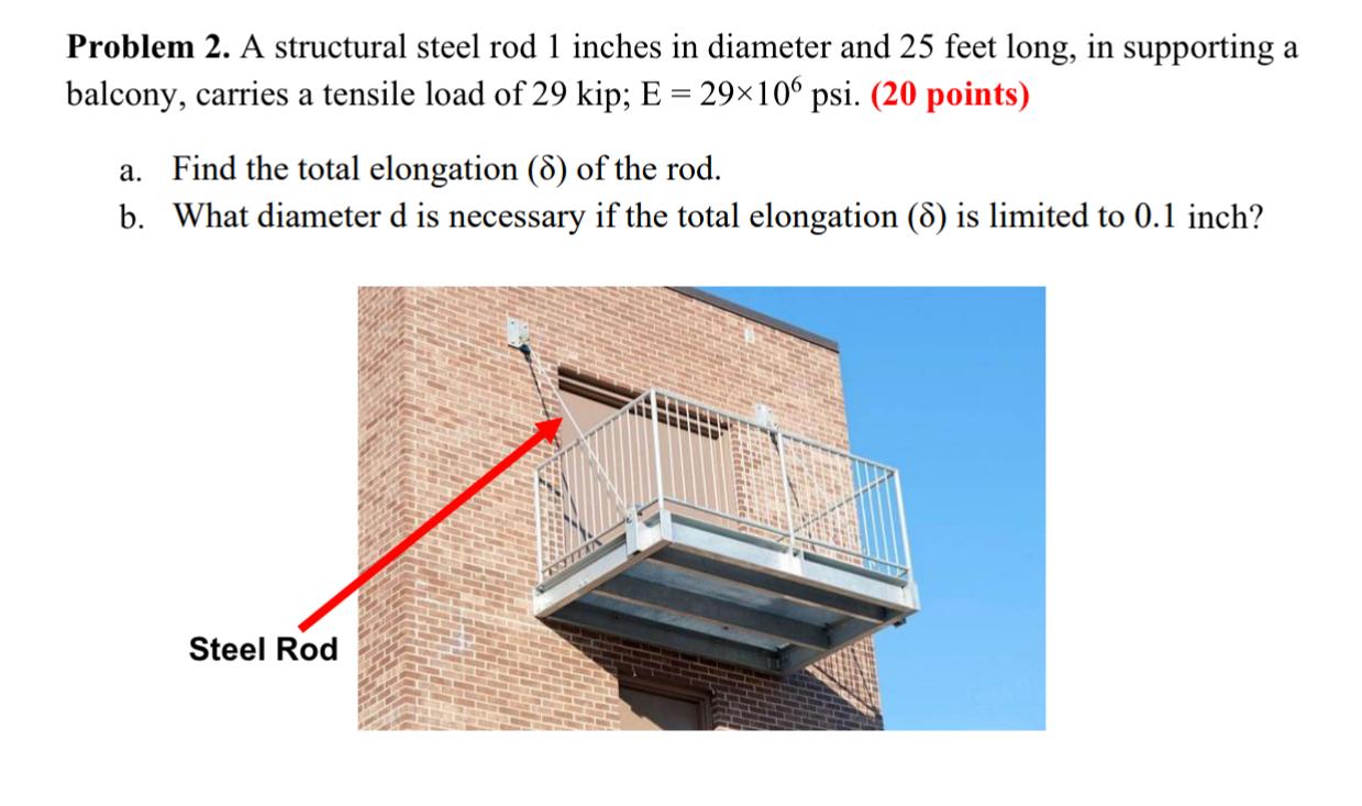 Problem 2 A Structural Steel Rod 1 Inches In Diameter And 25 Feet Long In Supporting A Balcony Carries A Tensile Load 1