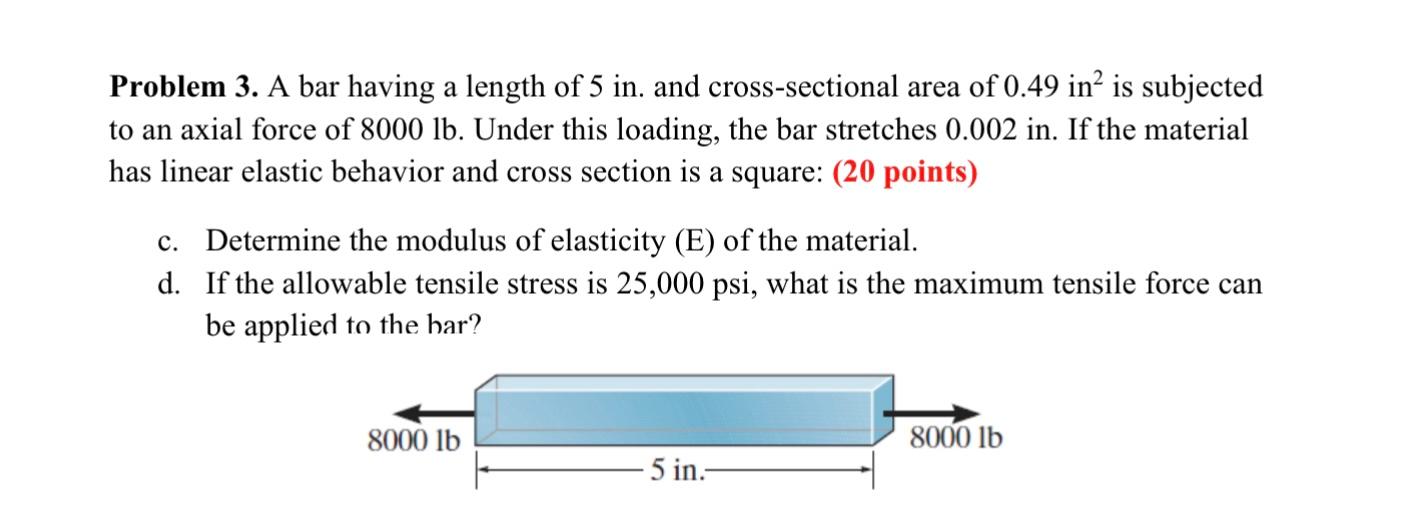 Problem 3 A Bar Having A Length Of 5 In And Cross Sectional Area Of 0 49 In Is Subjected To An Axial Force Of 8000 Lb 1