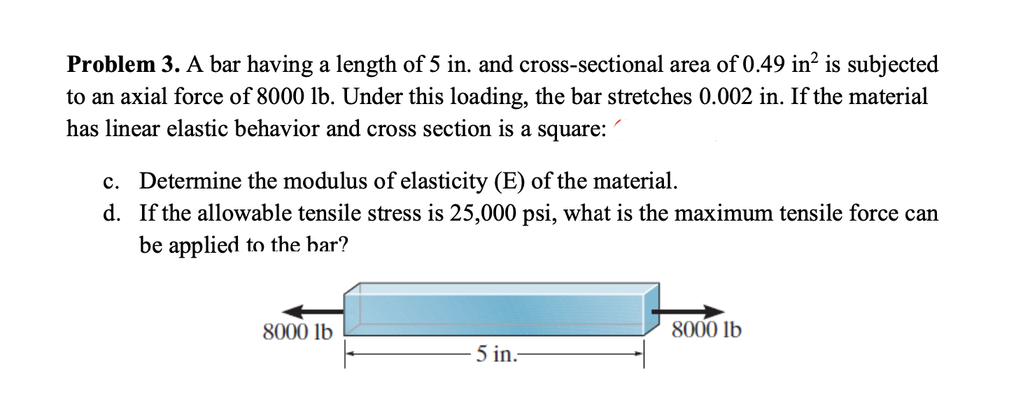 Problem 3 A Bar Having A Length Of 5 In And Cross Sectional Area Of 0 49 In Is Subjected To An Axial Force Of 8000 Lb 1