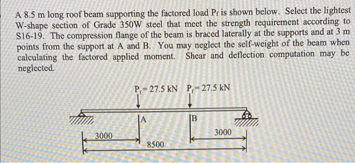 A 8 5 M Long Roof Beam Supporting The Factored Load Pr Is Shown Below Select The Lightest W Shape Section Of Grade 350w 1