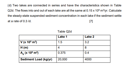 D Two Lakes Are Connected In Series And Have The Characteristics Shown In Table Q2d The Flows Into And Out Of Each La 1