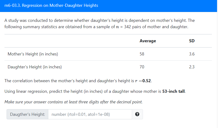 M6 03 3 Regression On Mother Daughter Heights A Study Was Conducted To Determine Whether Daughter S Height Is Dependent 1