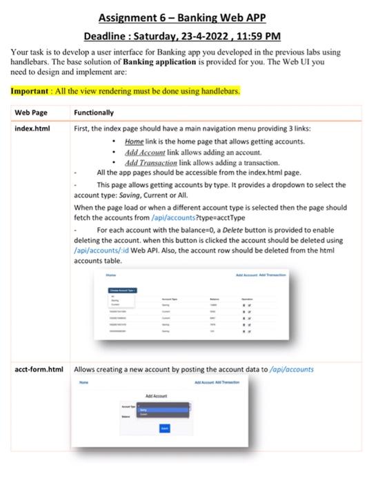 Assignment 6 Banking Web App Deadline Saturday 23 4 2022 11 59 Pm Your Task Is To Develop A User Interface For Ban 1