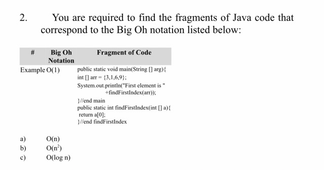2 You Are Required To Find The Fragments Of Java Code That Correspond To The Big Oh Notation Listed Below Fragment Of 1