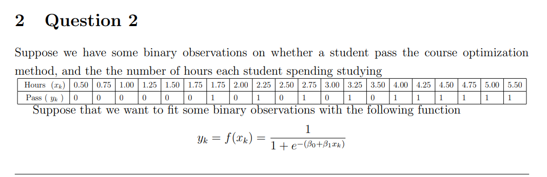 2 Question 2 Suppose We Have Some Binary Observations On Whether A Student Pass The Course Optimization Method And The 1