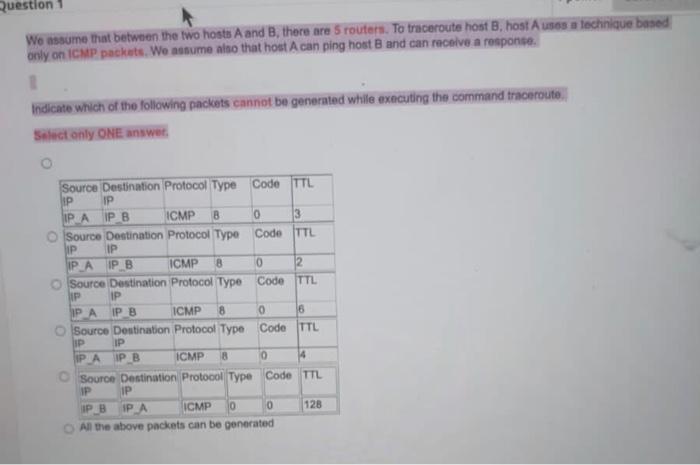 Question We Assume That Between The Two Hosts A And B There Are 5 Routers To Traceroute Host B Host Ausos A Technique 1