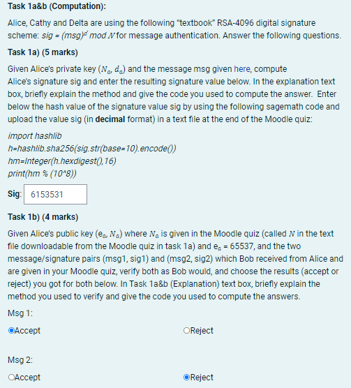 Task 1a B Computation Alice Cathy And Delta Are Using The Following Textbook Rsa 4096 Digital Signature Scheme Si 1