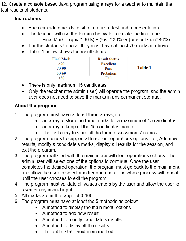 90 12 Create A Console Based Java Program Using Arrays For A Teacher To Maintain The Test Results Of Students Instr 1