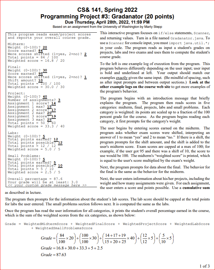 Cs 141 Spring 2022 Programming Project 3 Gradanator 20 Points Due Thursday April 28th 2022 11 59 Pm Based On An 1
