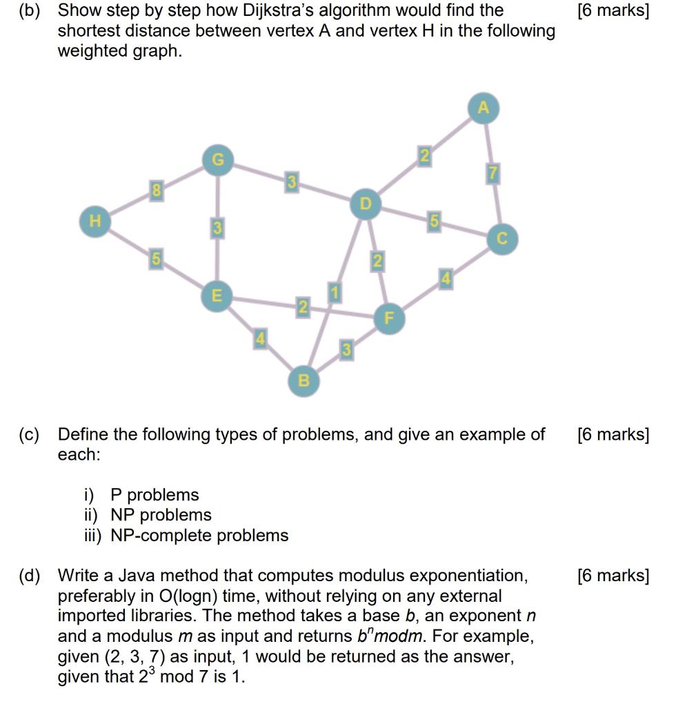6 Marks B Show Step By Step How Dijkstra S Algorithm Would Find The Shortest Distance Between Vertex A And Vertex H 1