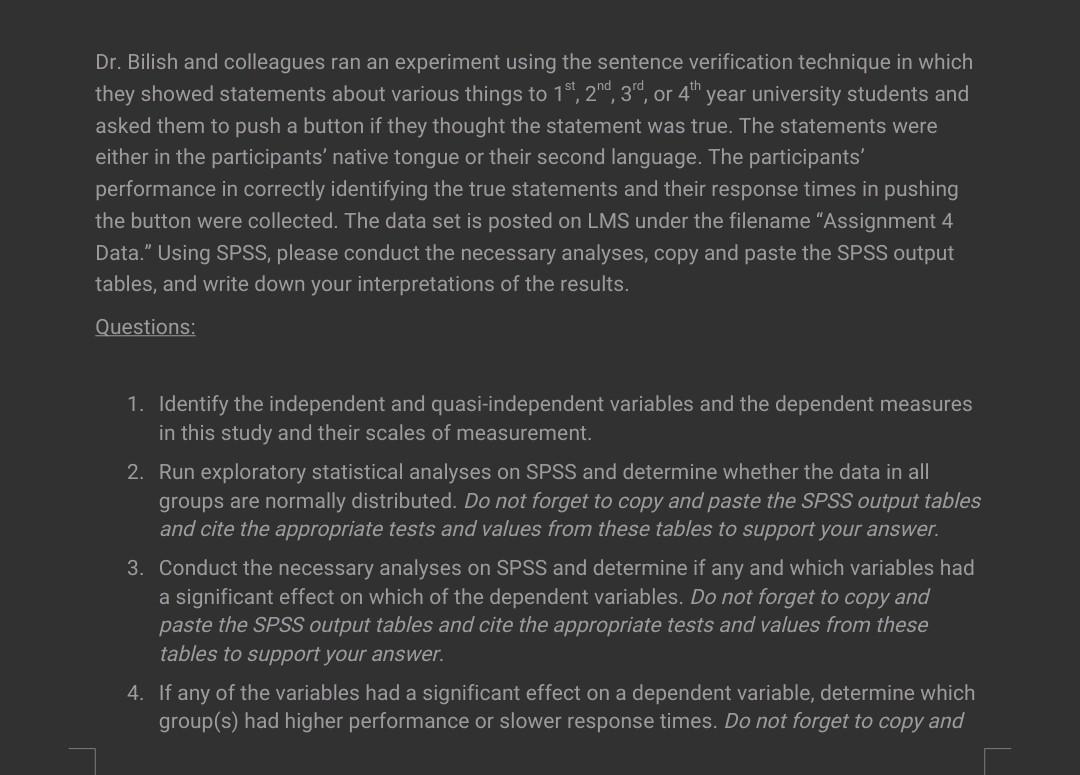 Dr Bilish And Colleagues Ran An Experiment Using The Sentence Verification Technique In Which They Showed Statements Ab 1