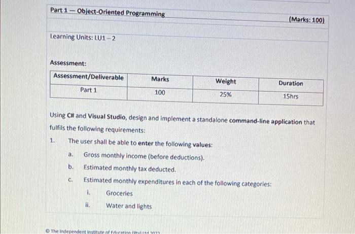 Part 1 Object Oriented Programming Marks 100 Learning Units Lu1 2 Assessment Assessment Deliverable Marks Wei 1