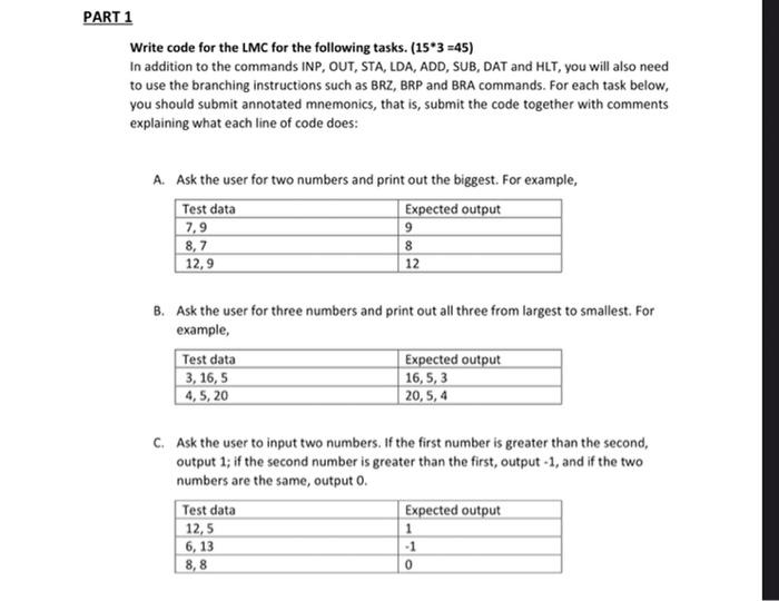Part 1 Write Code For The Lmc For The Following Tasks 15 3 45 In Addition To The Commands Inp Out Sta Lda Add S 1
