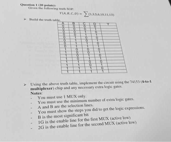 Question 1 20 Points Given The Following Truth Sop Y A B C D 1 3 5 6 10 11 13 Build The Truth Table B Y A 0 O 1
