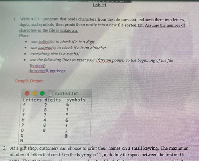 Lab 11 1 Write A C Program That Reads Characters From The File Mess Txt And Sorts Them Into Letters Digits And Symb 1