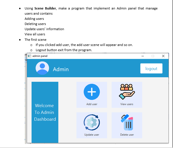 Using Scene Builder Make A Program That Implement An Admin Panel That Manage Users And Contains Adding Users Deleting U 1