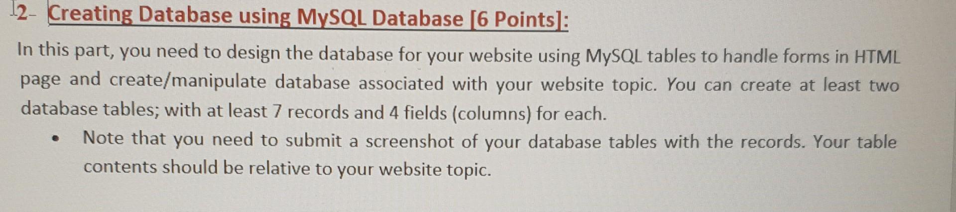 12 Creating Database Using Mysql Database 6 Points In This Part You Need To Design The Database For Your Website Us 1