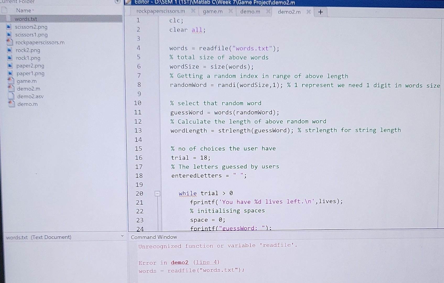 Hi I Am Trying To Make A Hangman Game In Matlab However The Code Does Not Generate The Txt File Can Anyone Help Me T 1