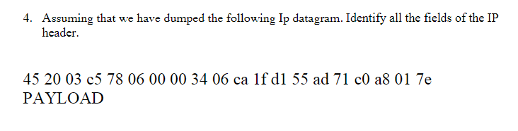4 Assuming That We Have Dumped The Following Ip Datagram Identify All The Fields Of The Ip Header 45 20 03 C5 78 06 0 1