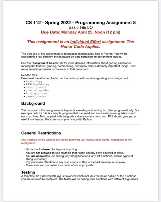 Cs 112 Spring 2022 Programming Assignment 8 Basic File 1 0 Due Date Monday April 25 Noon 12 Pm This Assignment I 1