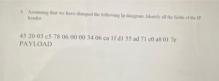 4 Assuming That We Have Dumped The Following Ip Datagram Identify All The Fields Of The Ip Header 45 20 03 C5 78 06 00 1