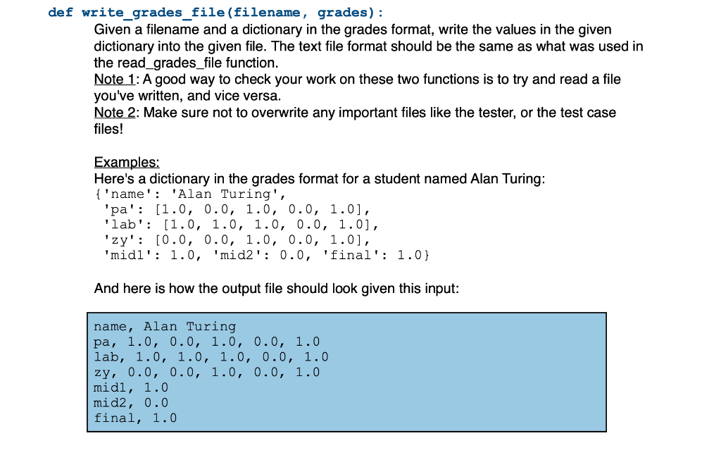 Def Write Grades File Filename Grades Given A Filename And A Dictionary In The Grades Format Write The Values In The 1