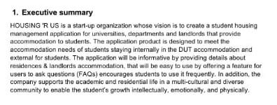 1 Executive Summary Housing R Us Is A Start Up Organization Whose Vision Is To Create A Student Housing Management App 1
