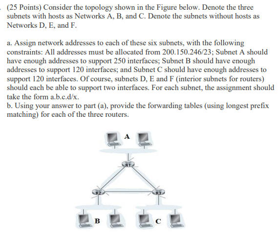 25 Points Consider The Topology Shown In The Figure Below Denote The Three Subnets With Hosts As Networks A B And C 1