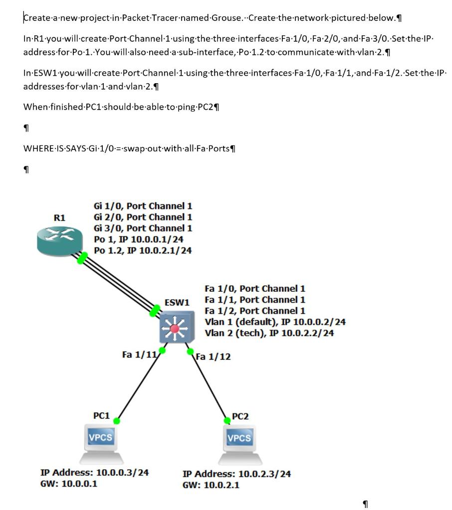 Create A New Project In Packet Tracer Named Grouse Create The Network Pictured Below 1 In R1 You Will Create Port Cha 1