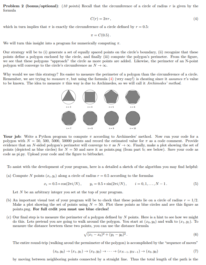R Problem 2 Bonus Optional 10 Points Recall That The Circumference Of A Circle Of Radius R Is Given By The Formula 1