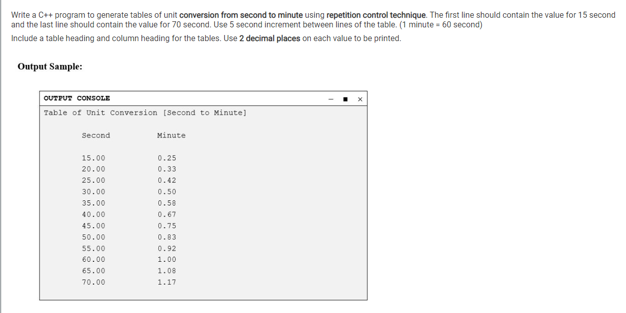 Write A C Program To Generate Tables Of Unit Conversion From Second To Minute Using Repetition Control Technique The 1