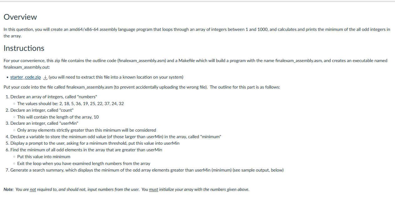 Overview In This Question You Will Create An Amd64 X86 64 Assembly Language Program That Loops Through An Array Of Inte 1