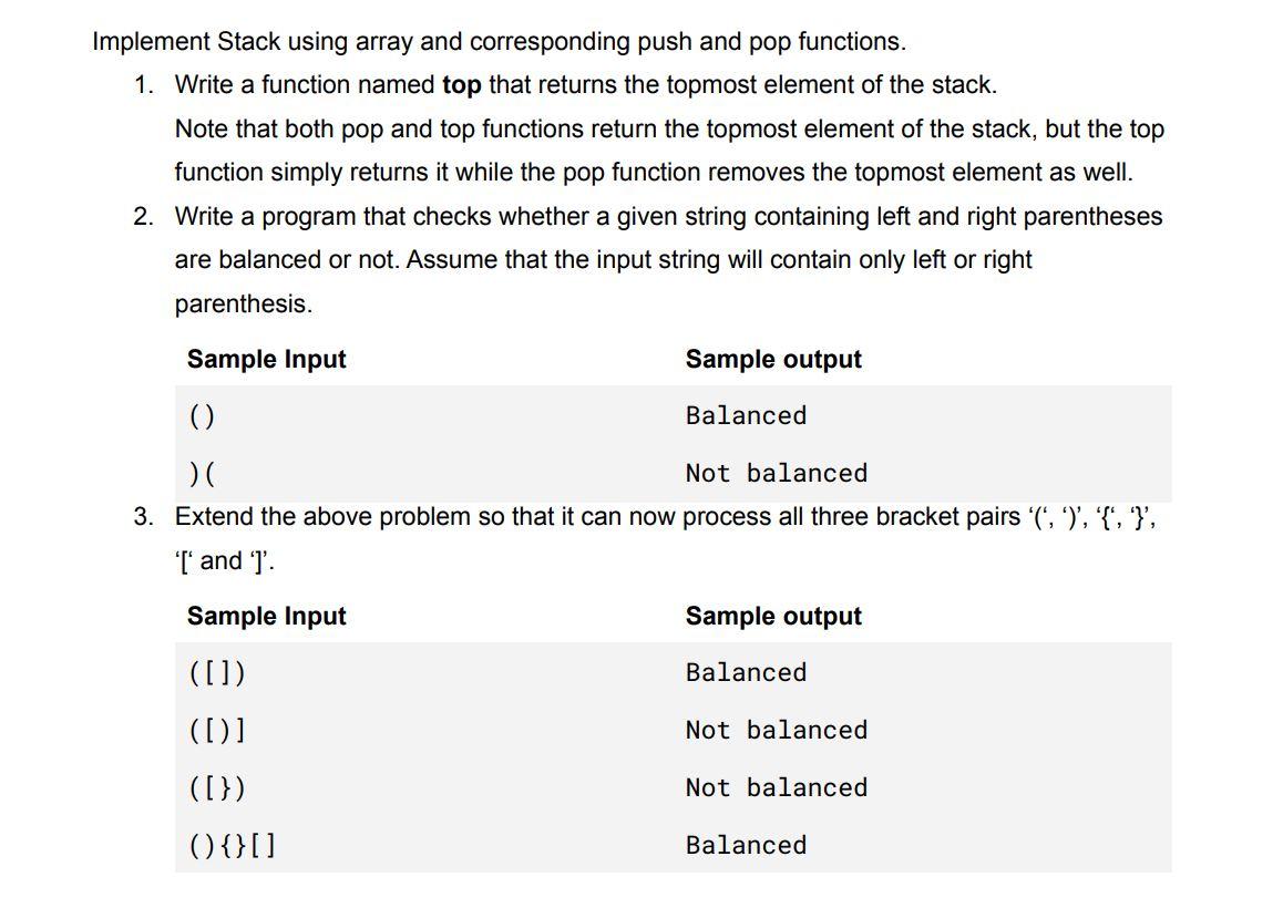 Implement Stack Using Array And Corresponding Push And Pop Functions 1 Write A Function Named Top That Returns The Top 1